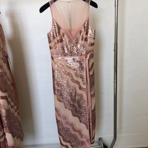 Three Floor Pink V-Neck Wrap Style Sequin Midi Dress